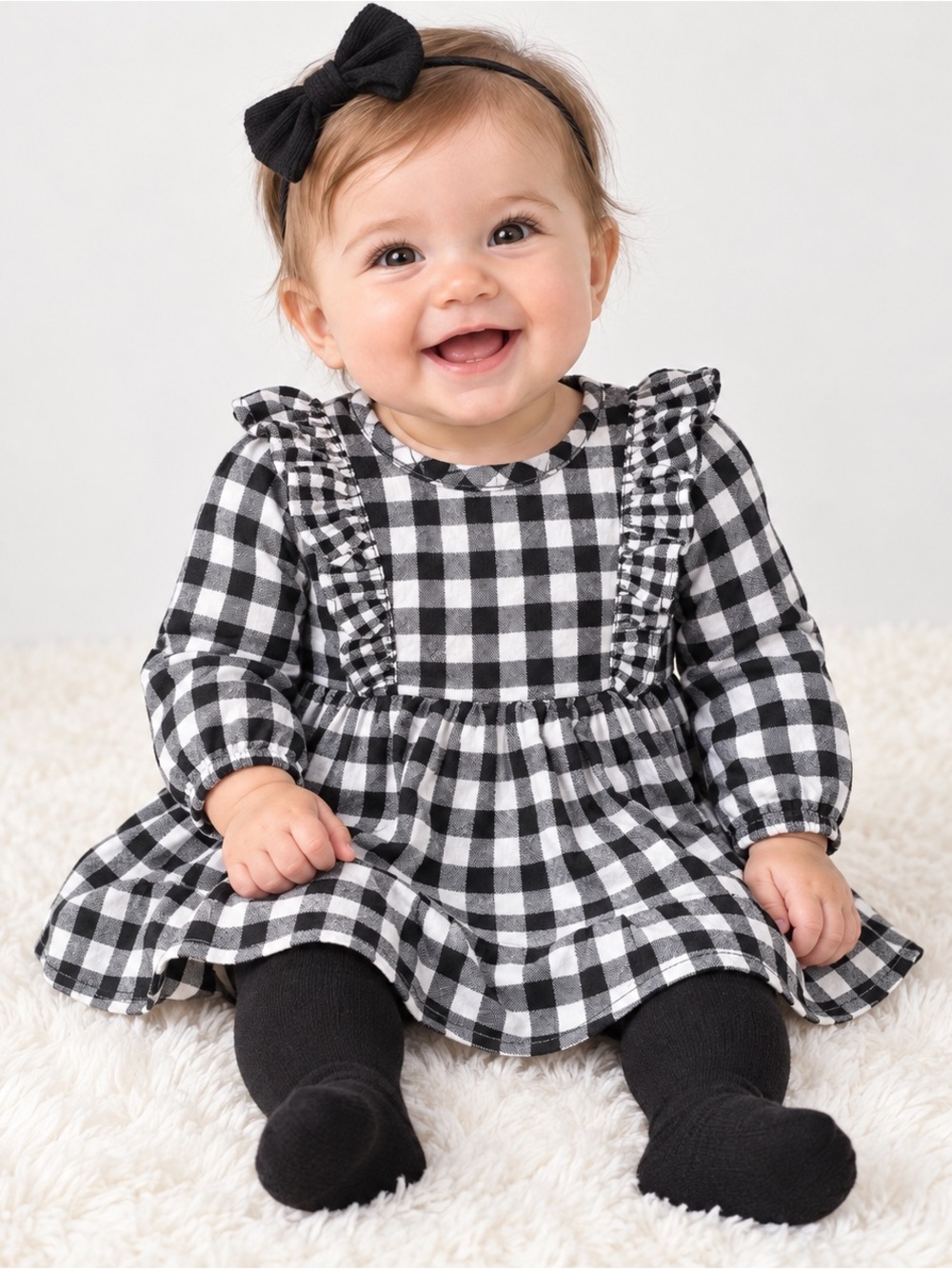 Wonder Nation Baby Girls Gingham Ruffle Dress Footed Tights 6-9M Black White NWT